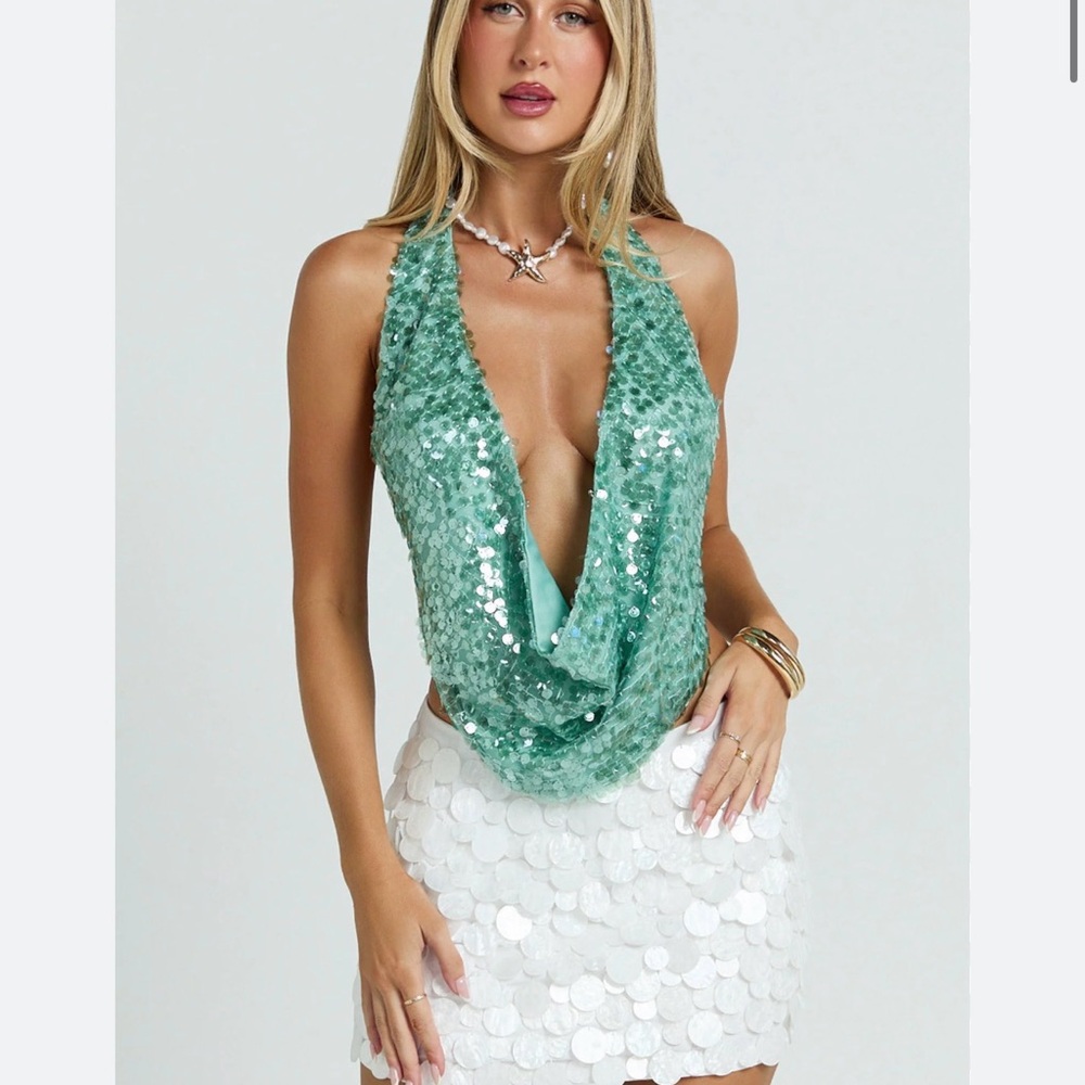 Showpo Cece Sequin deep cowl neck Halter Top in aqua green backless US 2 XS/S NW